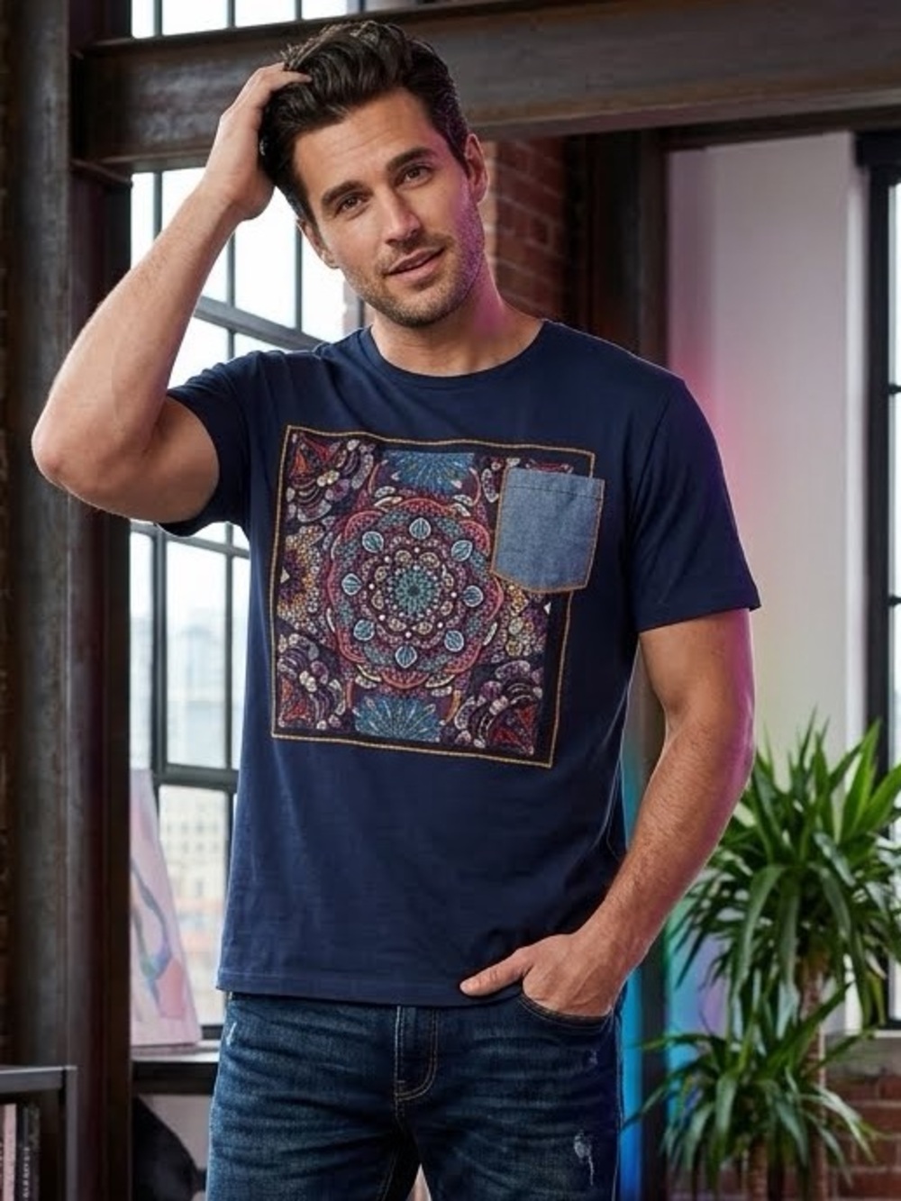 Simon’s Navy Graphic Pocket T-Shirt with Multicolor Mandala Print- XL